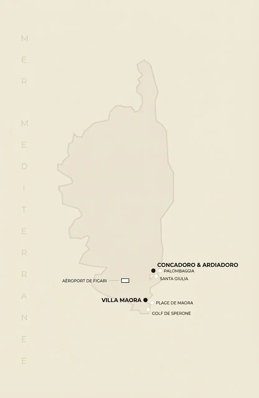 Carte de situation des villas L'Oru di Palombaggia entre Porto-Vecchio et Bonifacio, proche aéroport Figari.